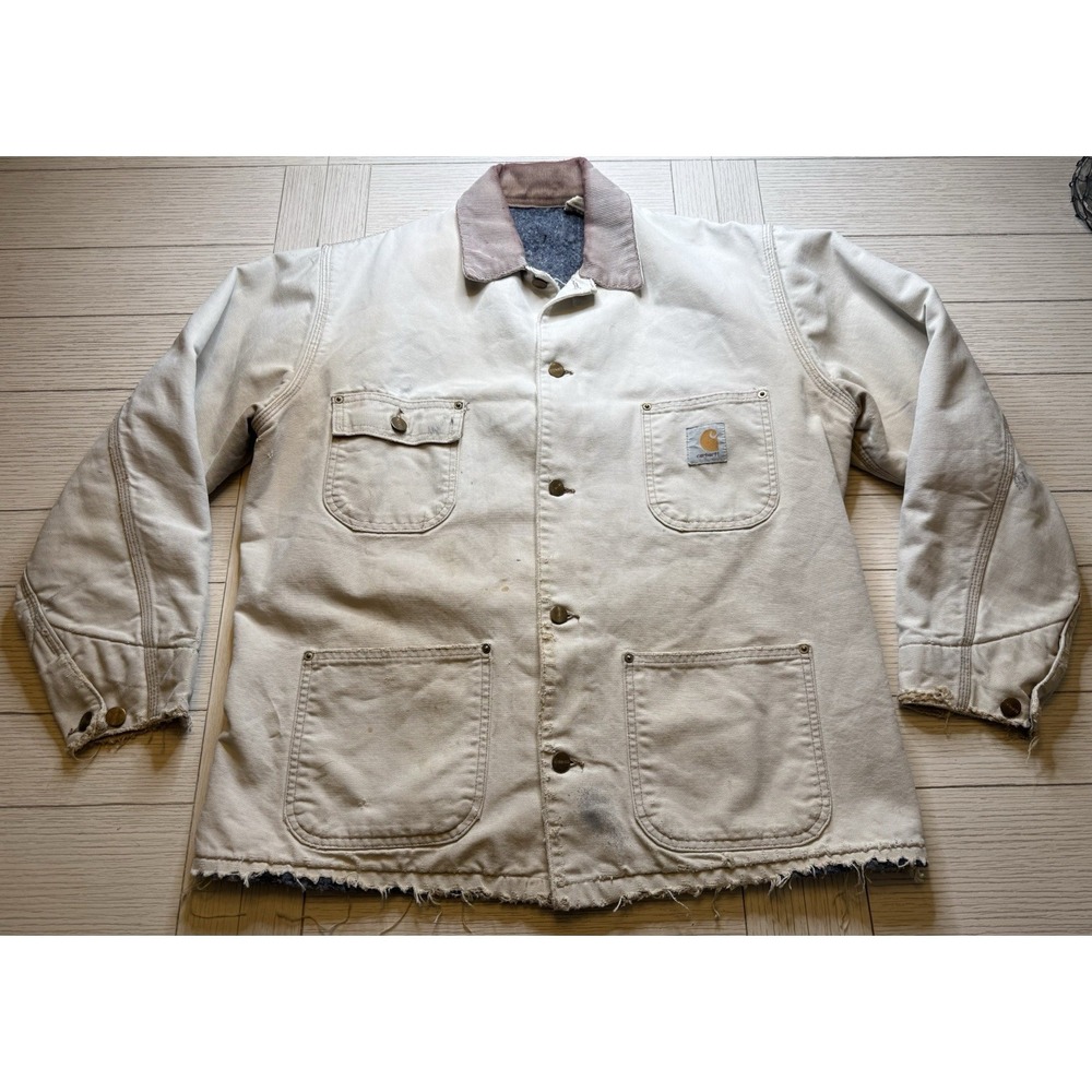 VTG Carhartt Blanket Lined Chore Coat Distressed Tan Men L Workwear Grunge 80s